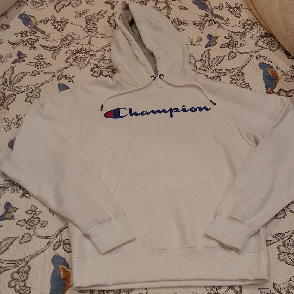 Champion White Hoodie with Blue and Red Logo Men's Sz Small